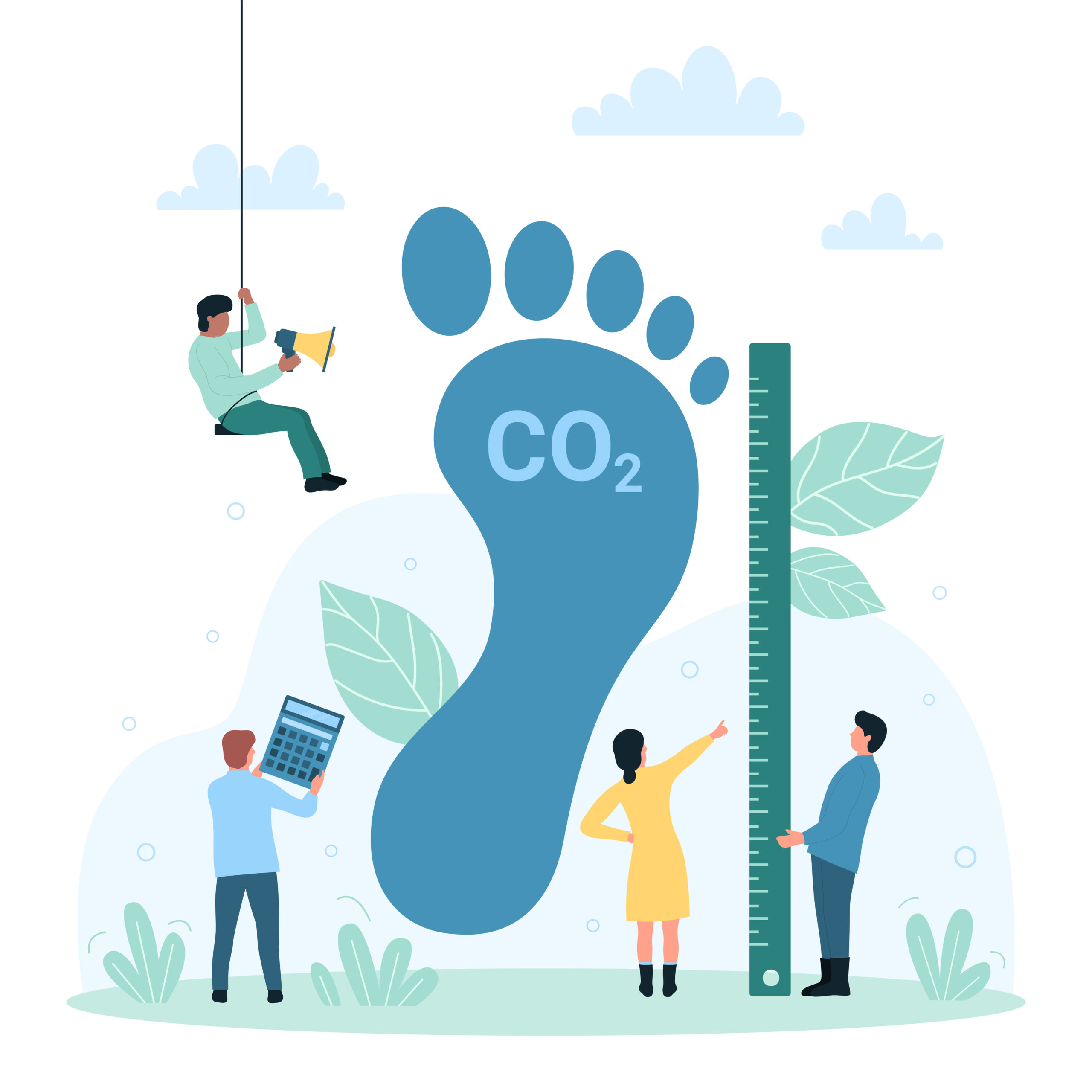 Carbon footprint pollution, environmental effect of greenhouse gas vector illustration. Cartoon tiny people measure big foot of CO2, calculate impact on ecology of planet using calculator and ruler